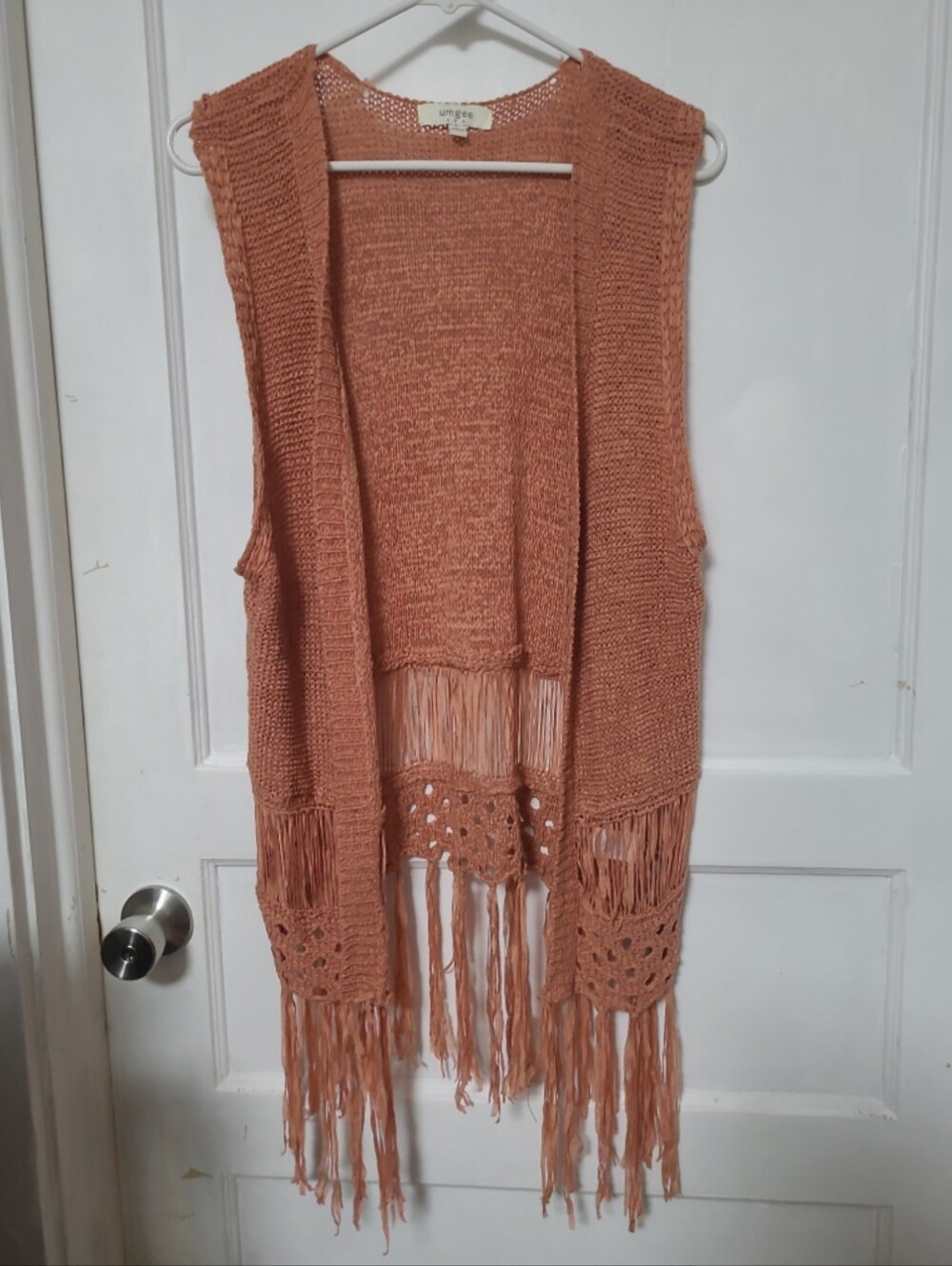 Umgee Rust Orange Open-Front Crochet Fringe Vest Large
